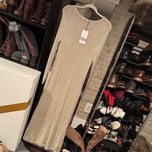 Zara Shimmering Cream Long Sleeve Dress